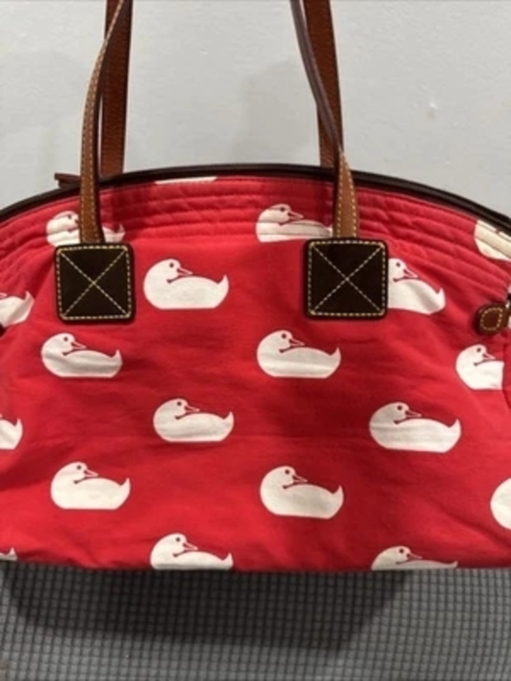 Dooney & Bourke Red Duck-Print Tote with Brown Trim